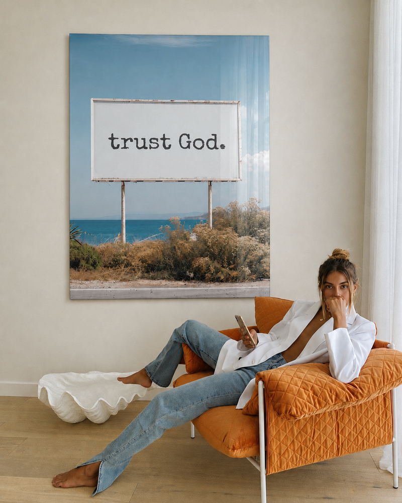 Trust collection — Trust God acrylic wall art in a styled room