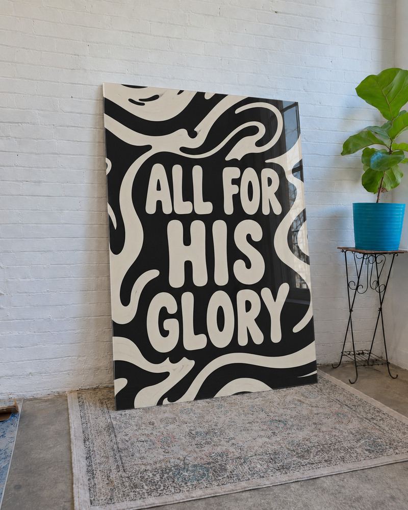 All For His Glory acrylic wall art in a bright studio
