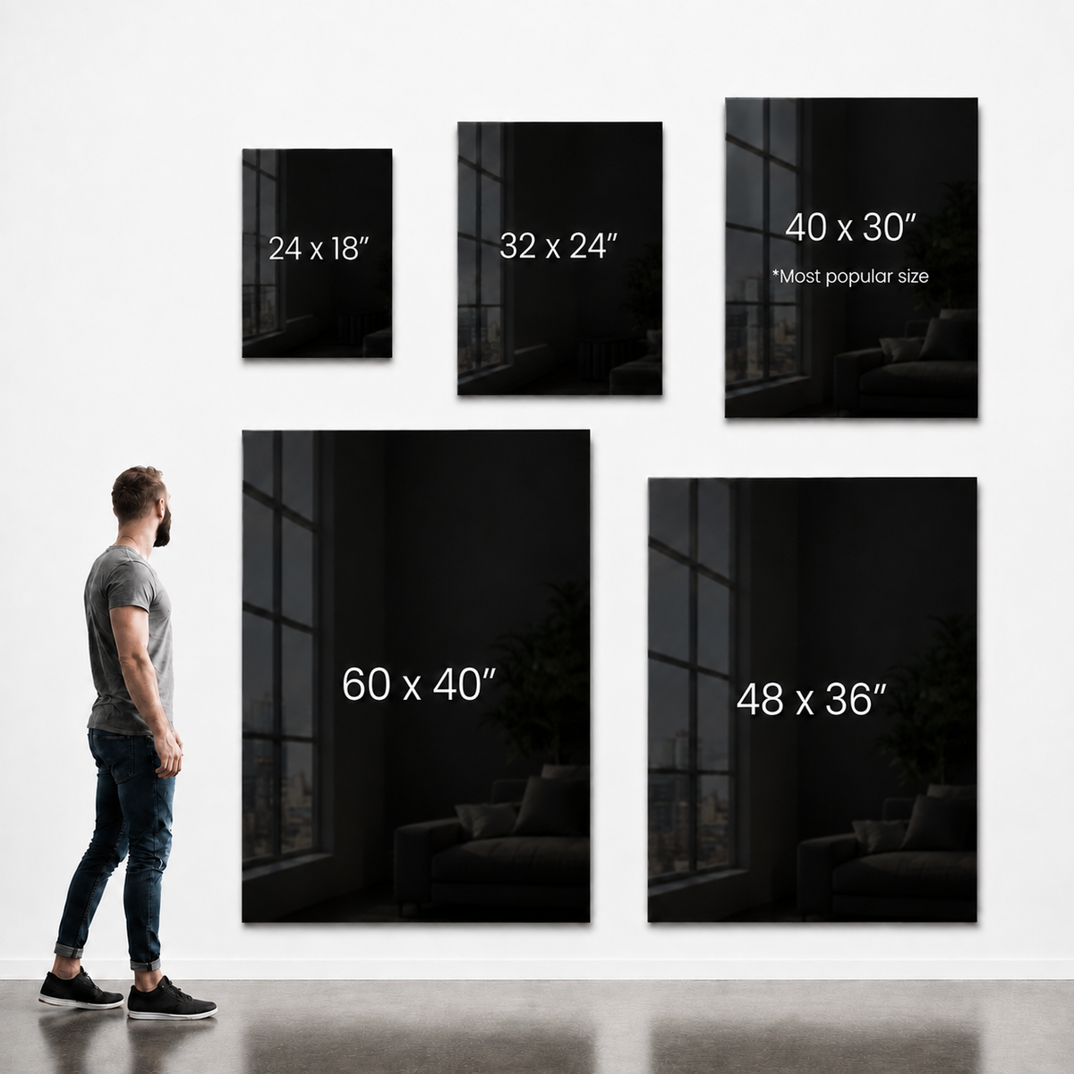 Aligned Collective canvas size guide: 24 x 18, 32 x 24, 40 x 30, 48 x 36, and 60 x 40 inches