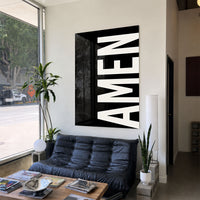 AMEN black acrylic wall art — black sofa