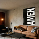 AMEN black acrylic wall art — brown sofa