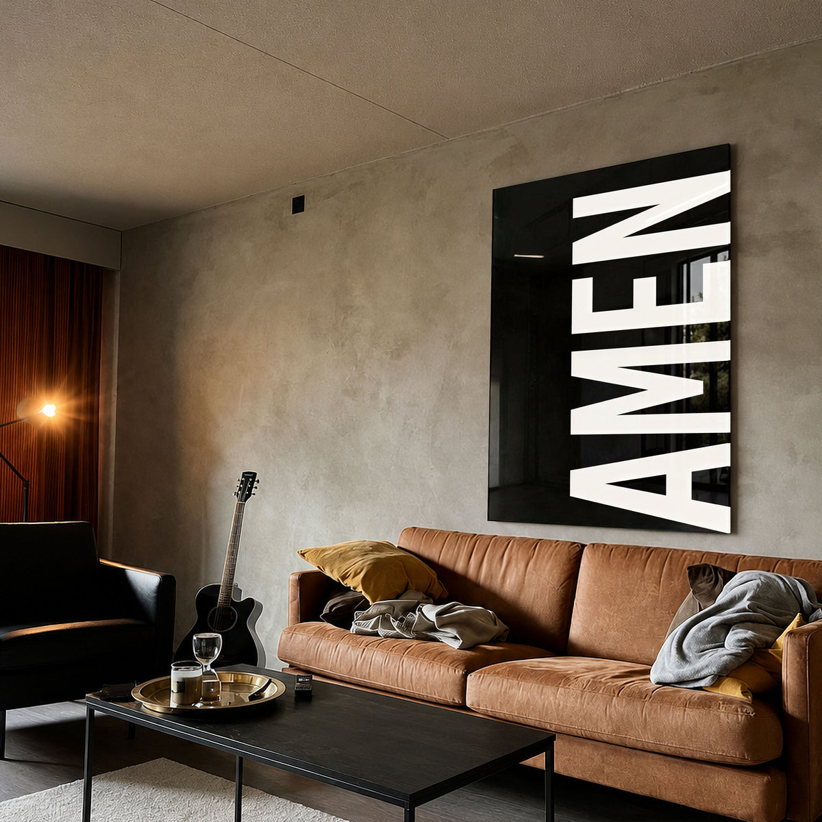 AMEN black acrylic wall art — brown sofa