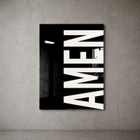 AMEN black acrylic wall art — concrete wall