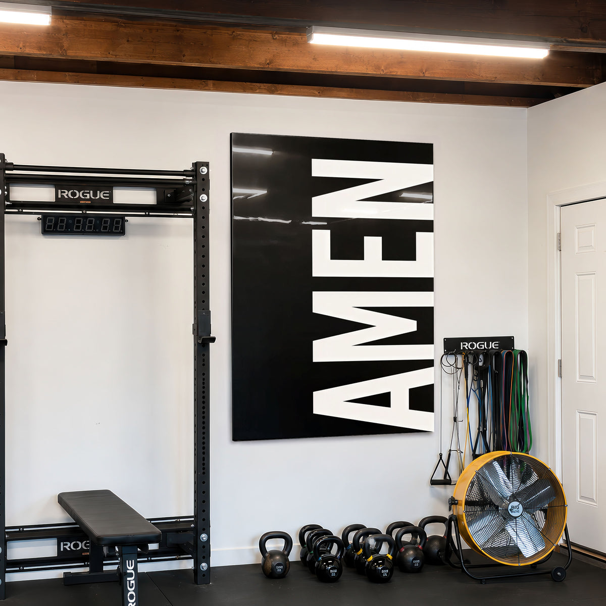 AMEN black acrylic wall art — home gym