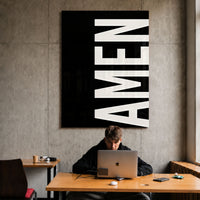 AMEN black acrylic wall art — workspace