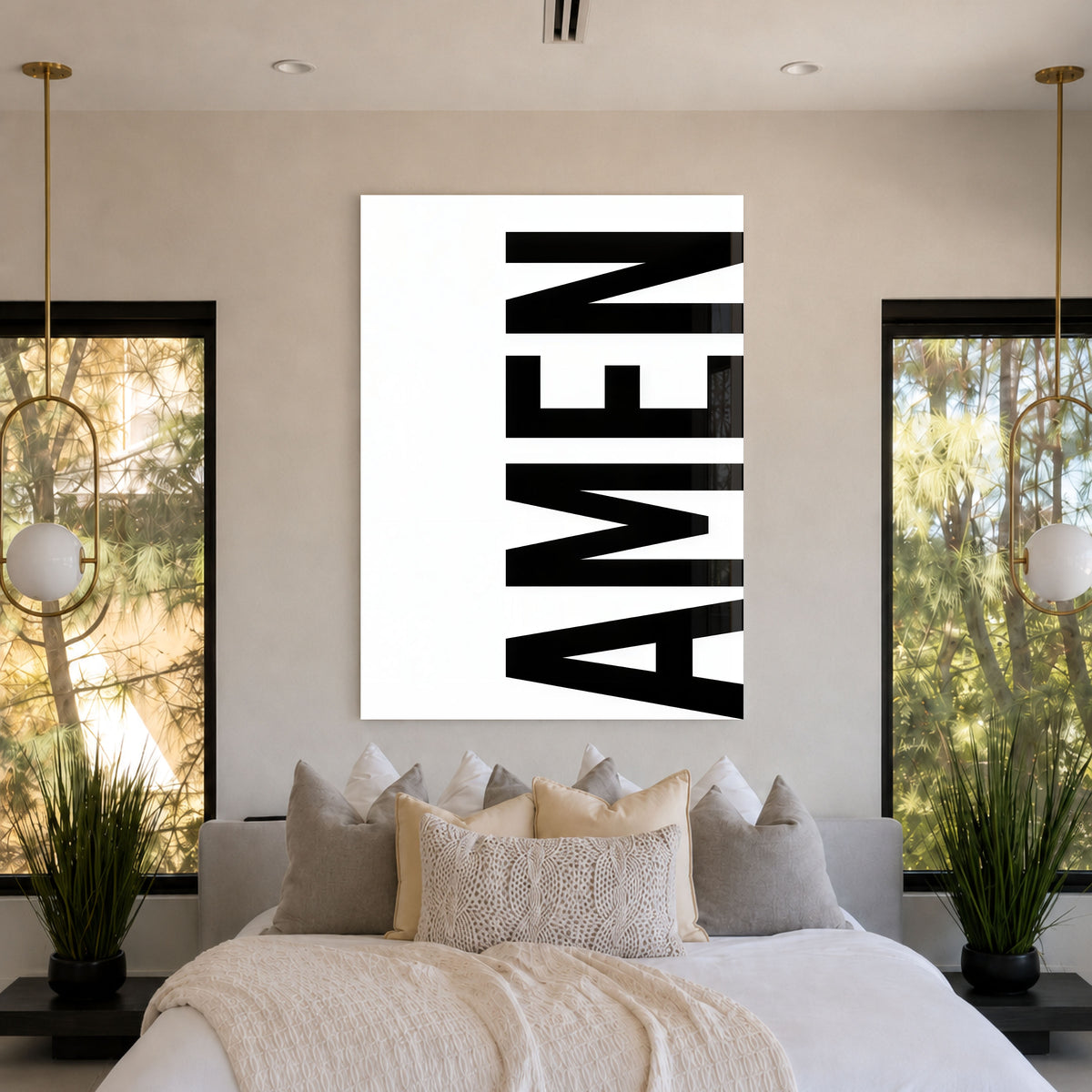 AMEN white acrylic wall art — bedroom