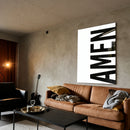AMEN white acrylic wall art — brown sofa
