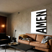AMEN white acrylic wall art — brown sofa