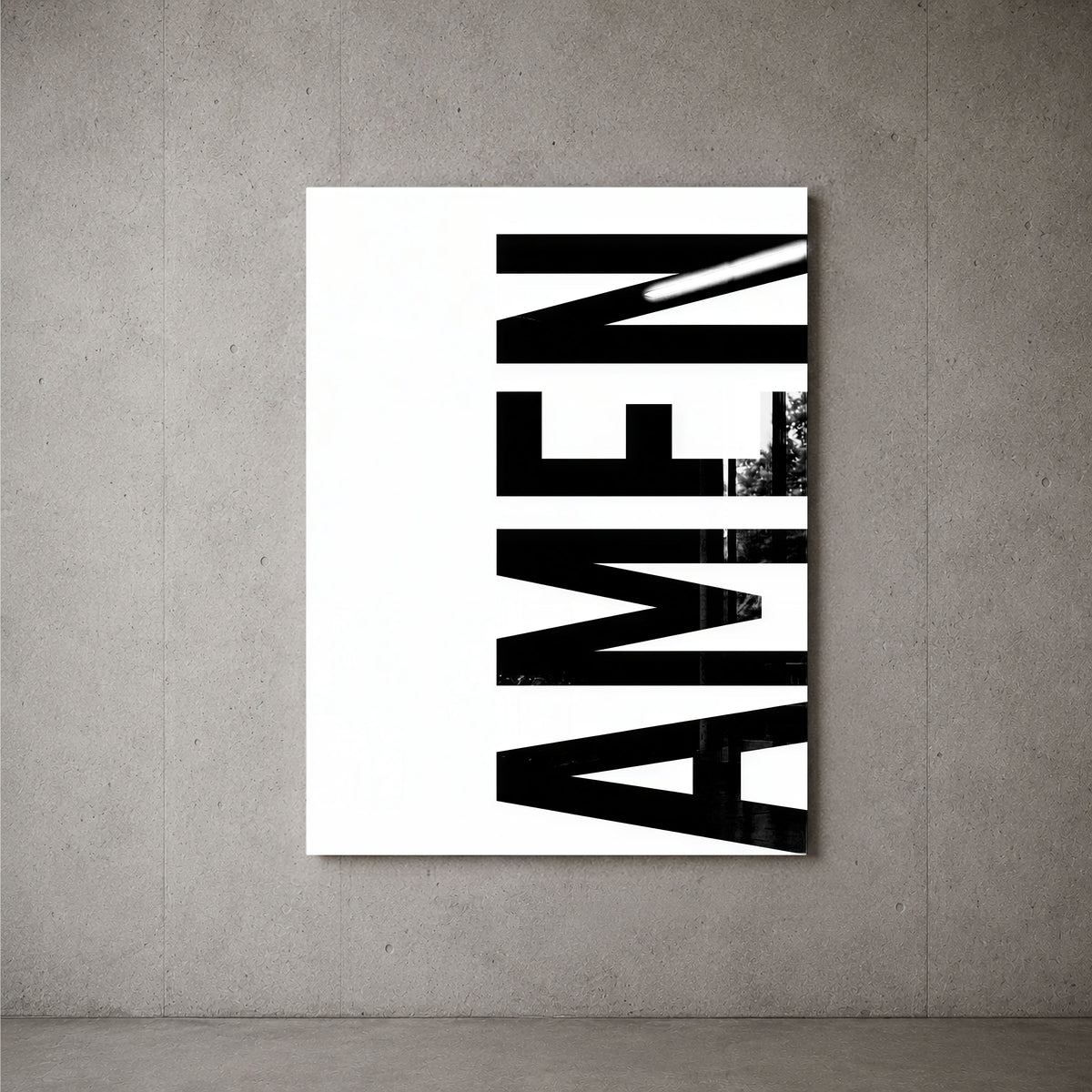 AMEN white acrylic wall art — concrete wall