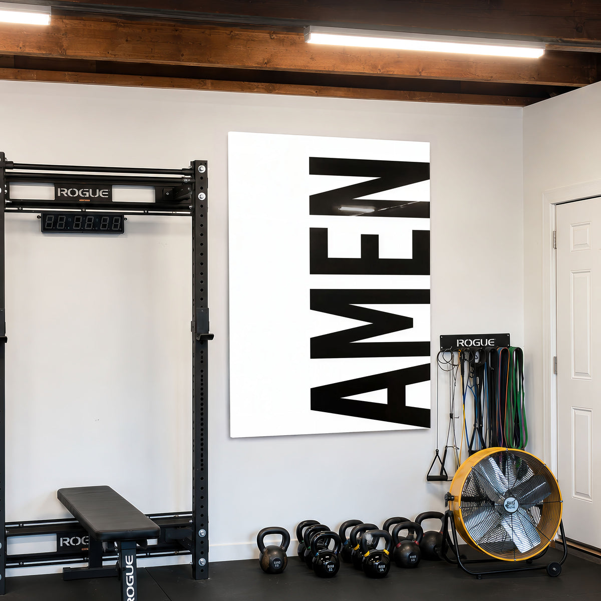 AMEN white acrylic wall art — home gym