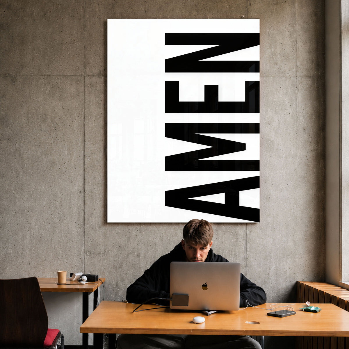 AMEN white acrylic wall art — workspace