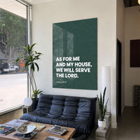 As for Me and My House green acrylic wall art, Joshua 24:15 — black sofa living room