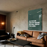 As for Me and My House green acrylic wall art, Joshua 24:15 — brown sofa living room