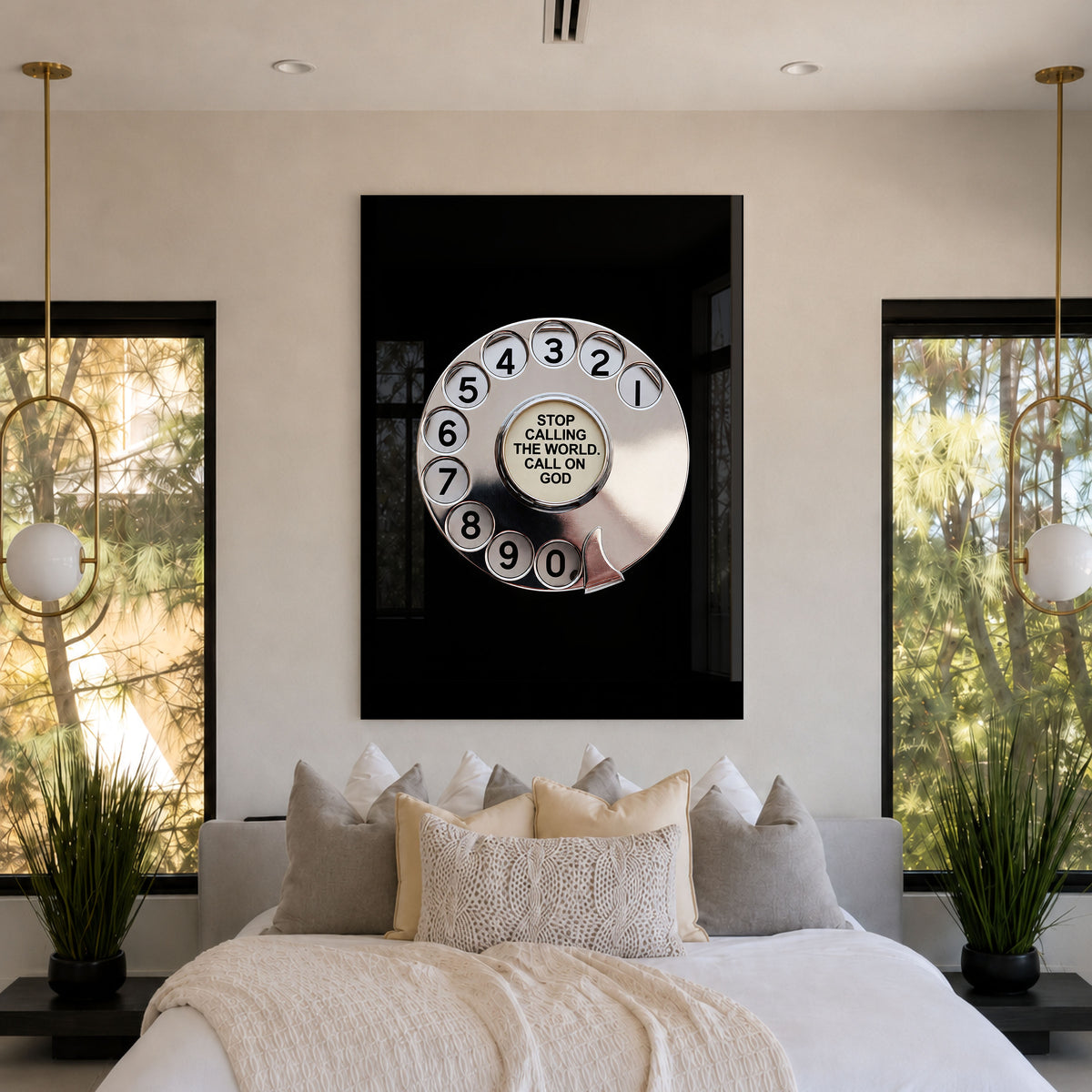 Call God black acrylic wall art with silver rotary dial — bedroom