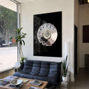 Call God black acrylic wall art with silver rotary dial — black sofa living room