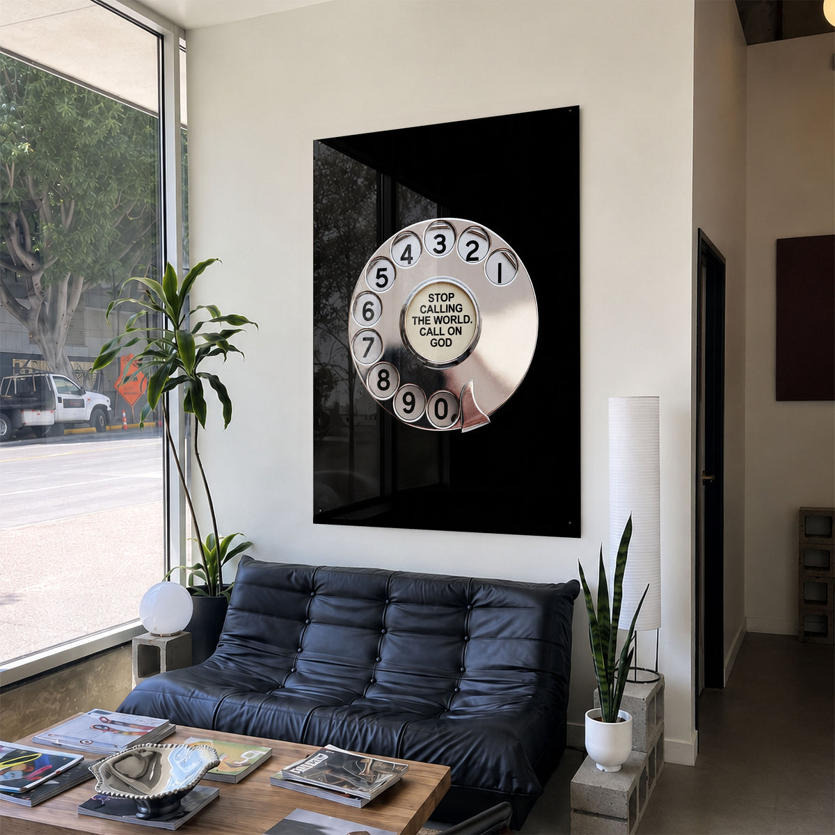 Call God black acrylic wall art with silver rotary dial — black sofa living room