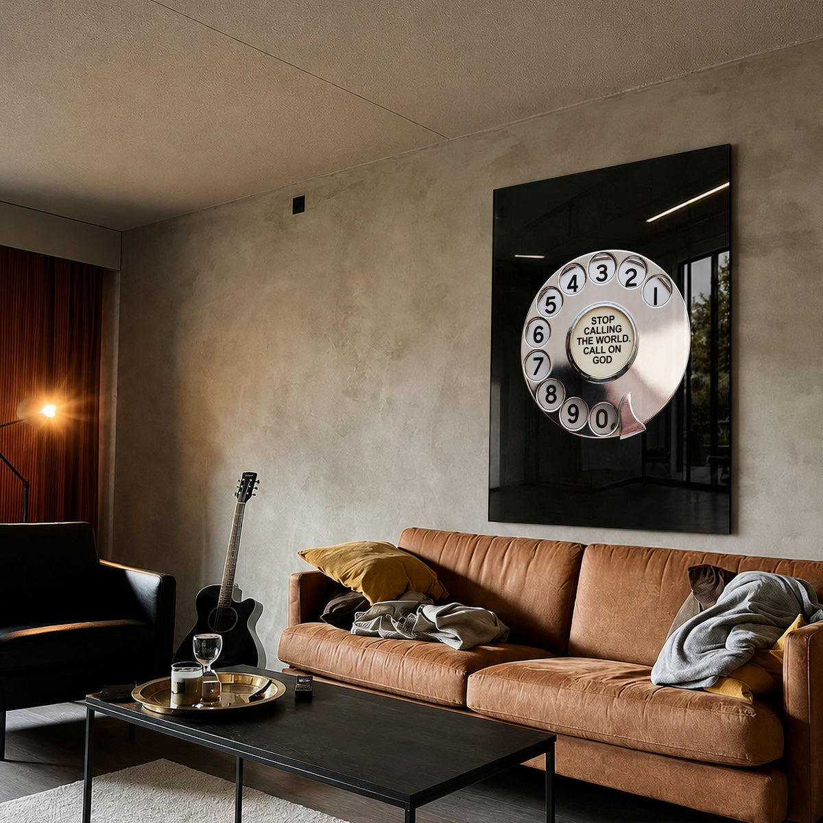 Call God black acrylic wall art with silver rotary dial — brown sofa living room