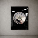 Call God black acrylic wall art with silver rotary dial — concrete wall