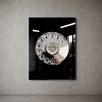 Call God black acrylic wall art with silver rotary dial — concrete wall