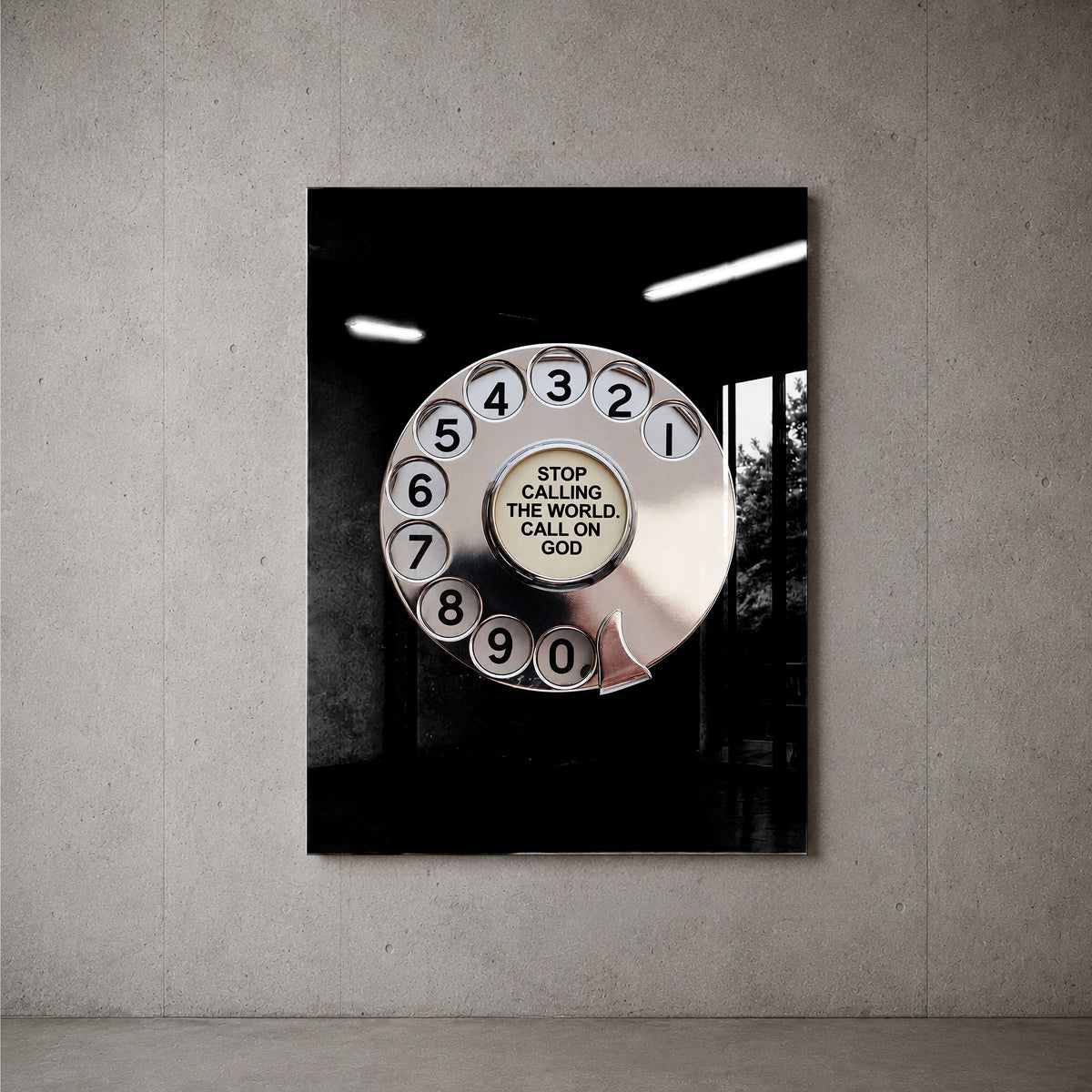 Call God black acrylic wall art with silver rotary dial — concrete wall