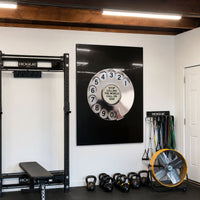 Call God black acrylic wall art with silver rotary dial — home gym