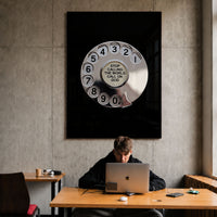 Call God black acrylic wall art with silver rotary dial — workspace