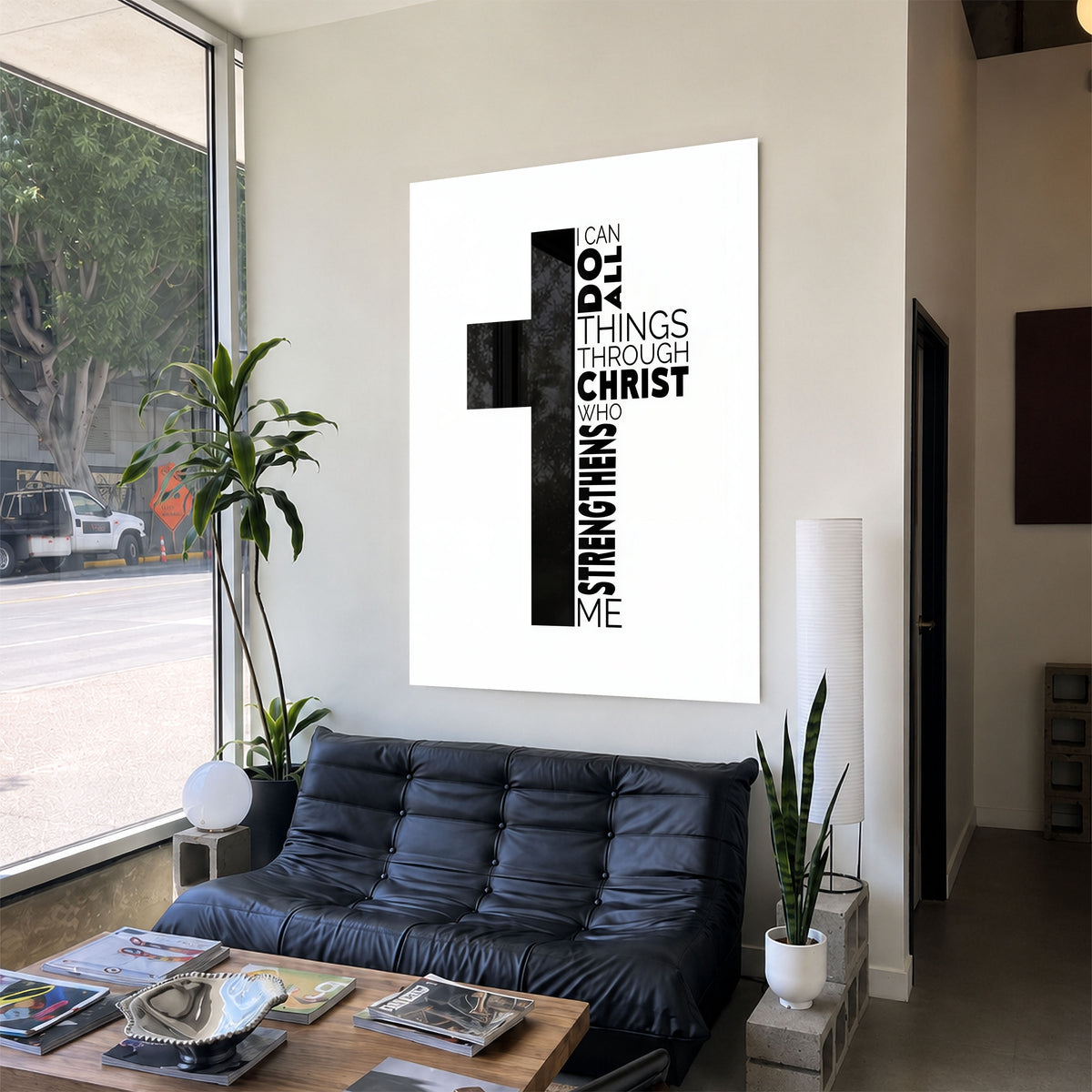 Cross-All Things acrylic wall art above a black sofa