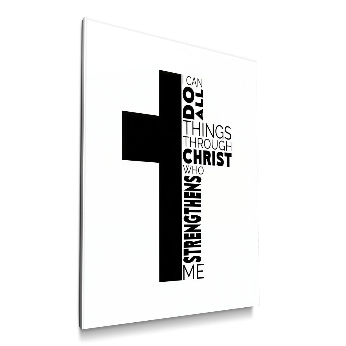 Cross-All Things acrylic wall art individual product mockup with a black cross and scripture typography on white
