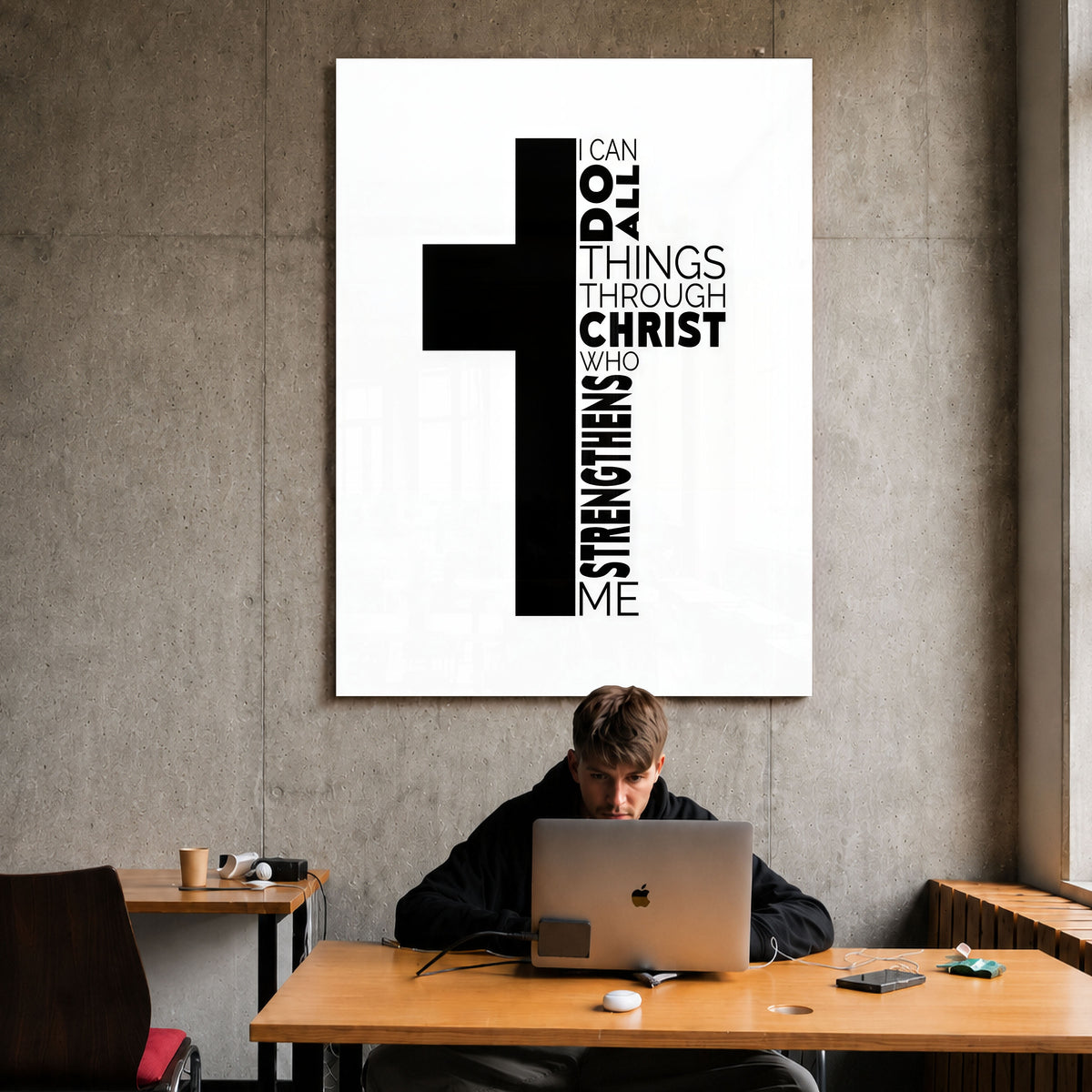 Cross-All Things acrylic wall art above a workspace
