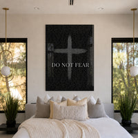 Do Not Fear Cross acrylic wall art above a bed