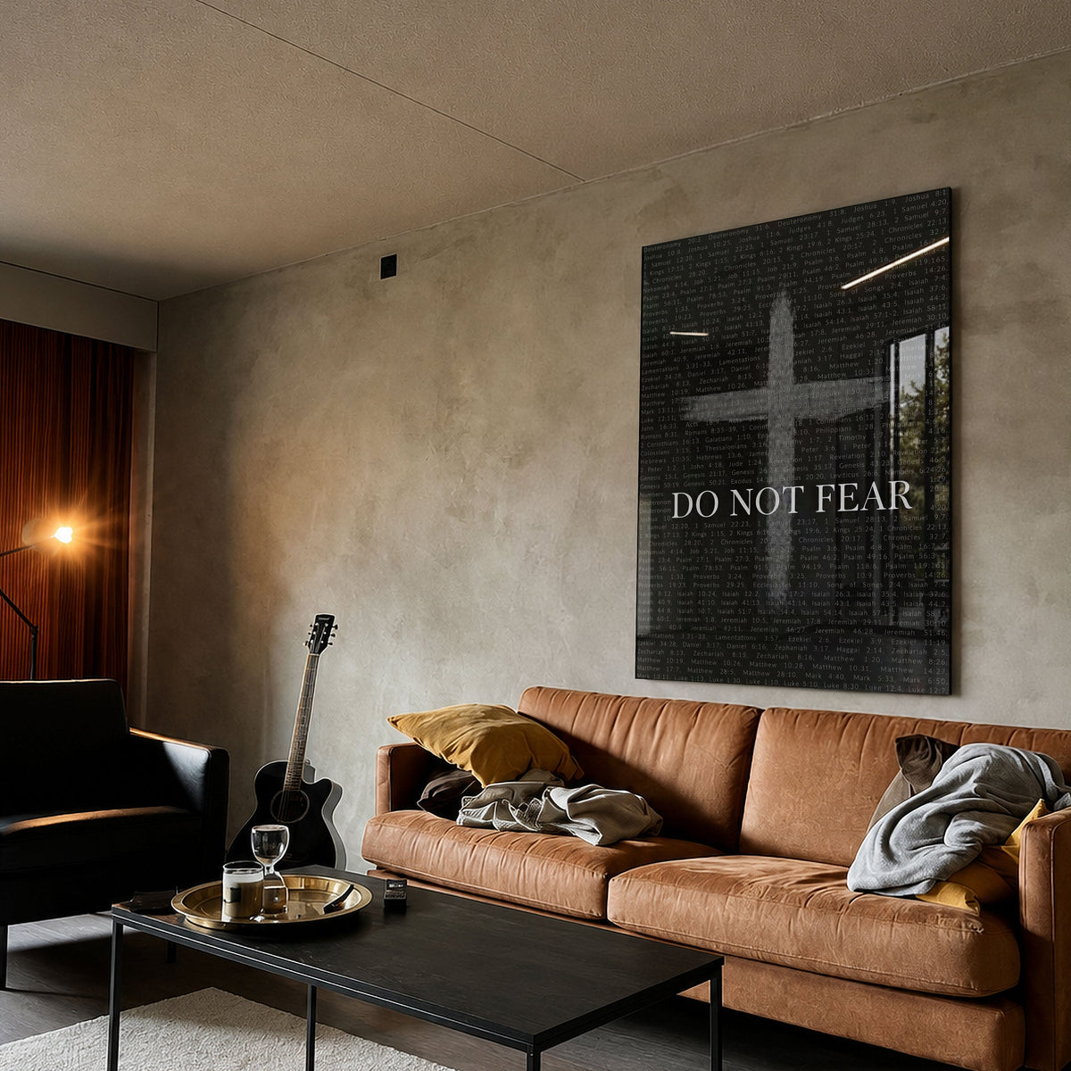 Do Not Fear Cross acrylic wall art above a brown sofa