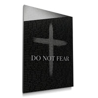 Do Not Fear Cross acrylic wall art with a gray cross, Bible references, and white lettering on black, individual product mockup