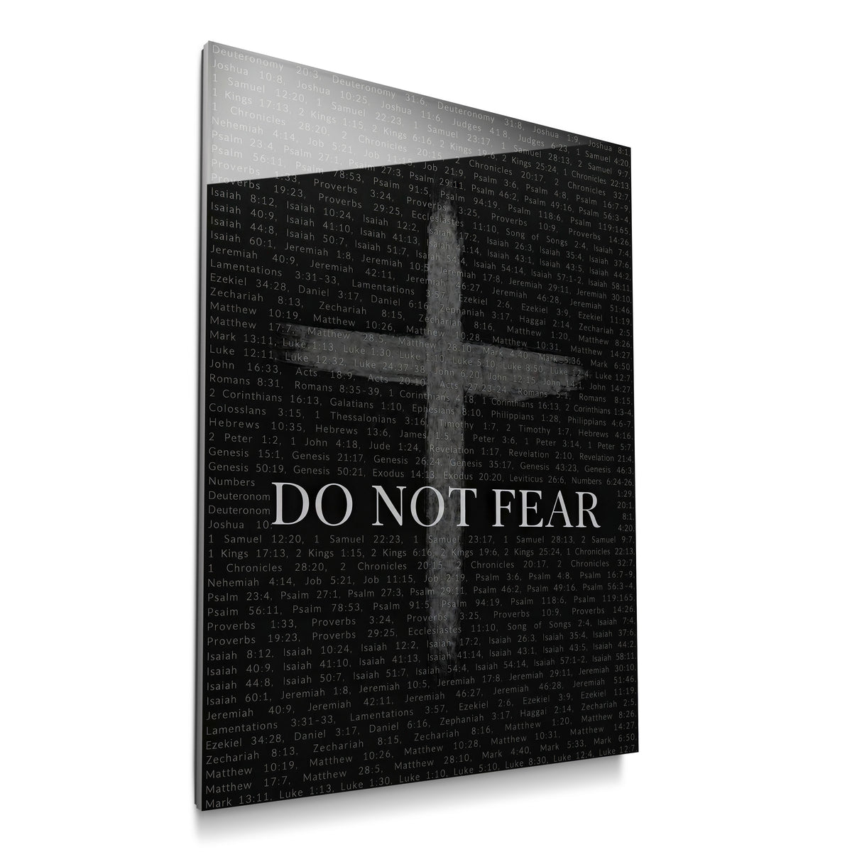 Do Not Fear Cross acrylic wall art with a gray cross, Bible references, and white lettering on black, individual product mockup