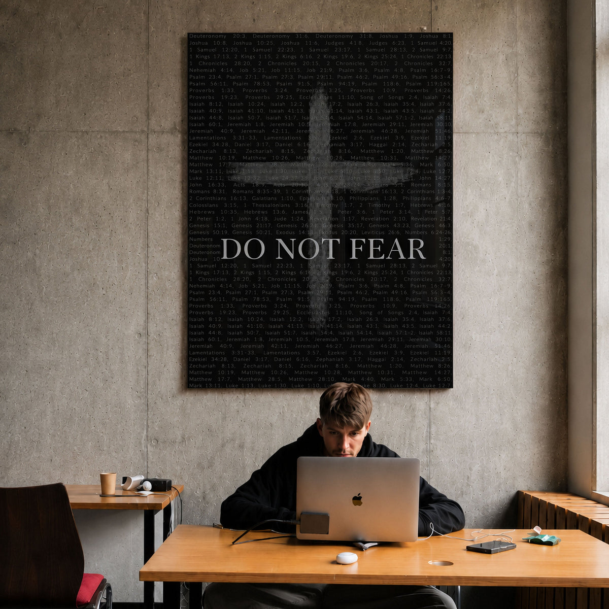 Do Not Fear Cross acrylic wall art above a workspace