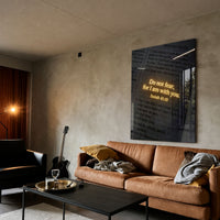 Do Not Fear acrylic wall art displayed above a brown sofa