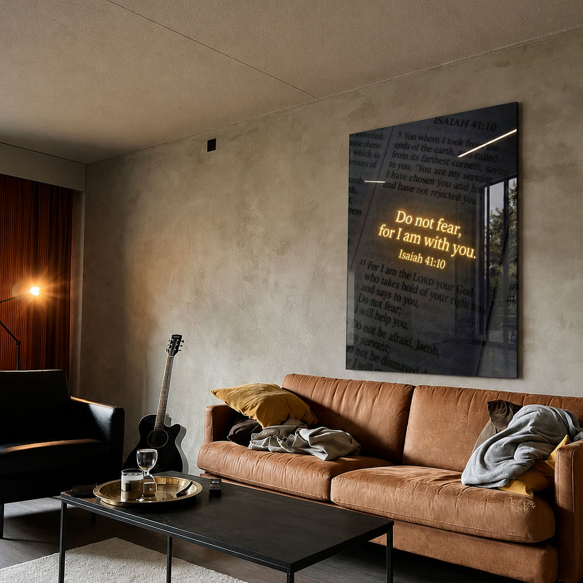 Do Not Fear acrylic wall art displayed above a brown sofa