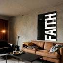 Faith black acrylic wall art — brown sofa
