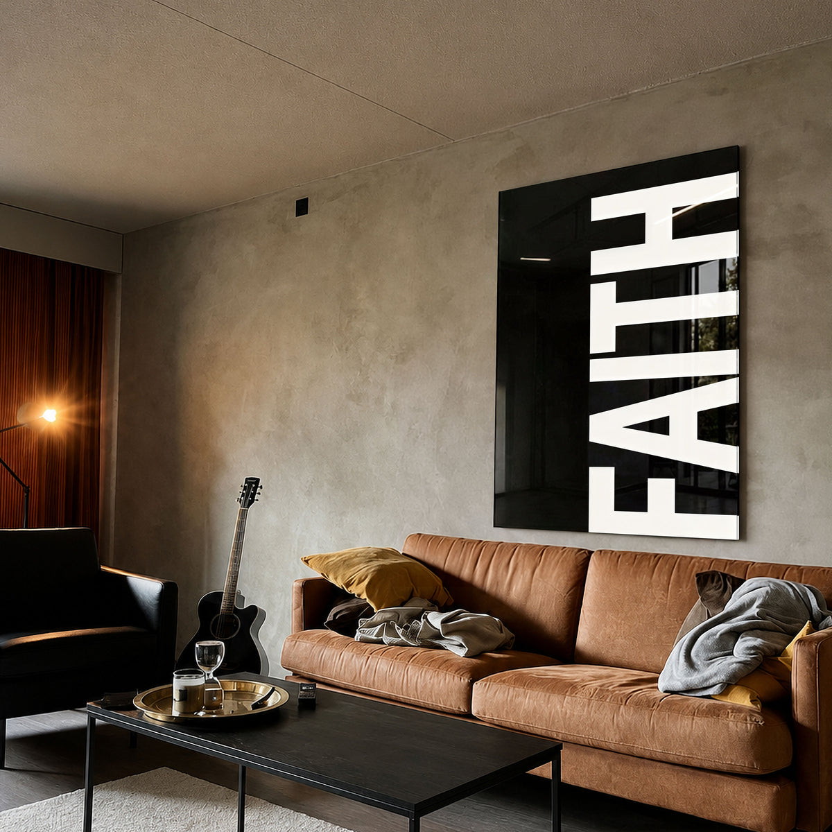 Faith black acrylic wall art — brown sofa