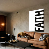 Faith white acrylic wall art — brown sofa