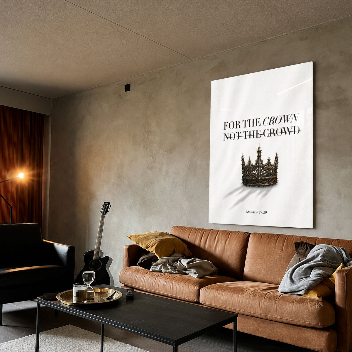 For The Crown acrylic wall art above a brown sofa