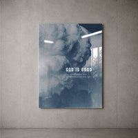 God Is Good blue cloud acrylic wall art on a concrete wall