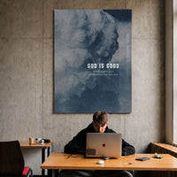 God Is Good acrylic wall art displayed above a workspace