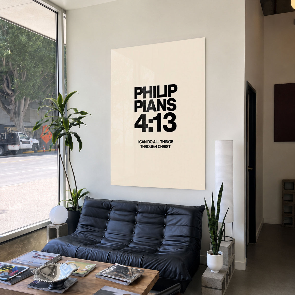 I Can Do All Things acrylic wall art displayed above a black sofa