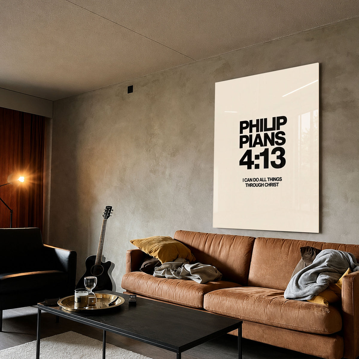 I Can Do All Things acrylic wall art displayed above a brown sofa