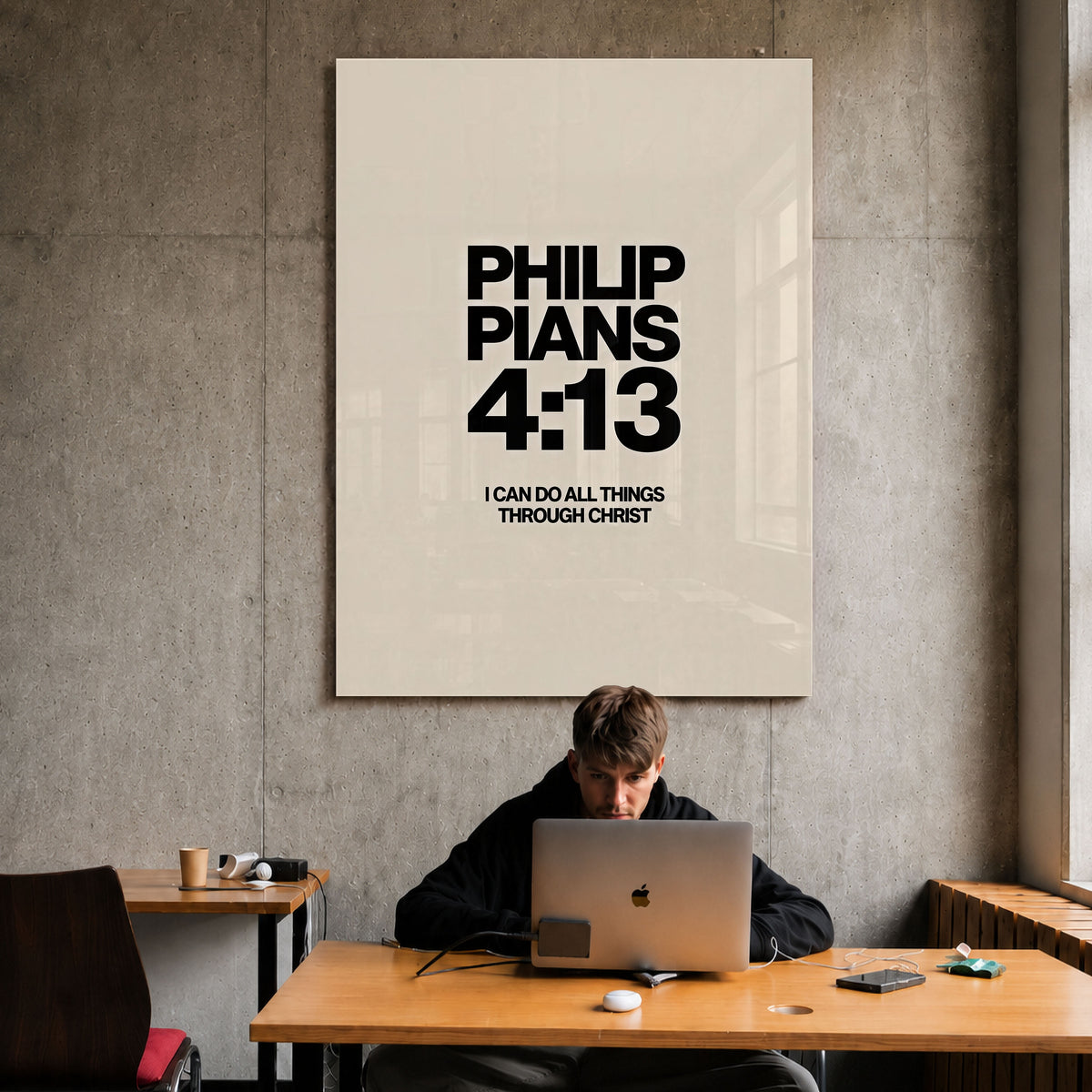 I Can Do All Things acrylic wall art displayed above a workspace