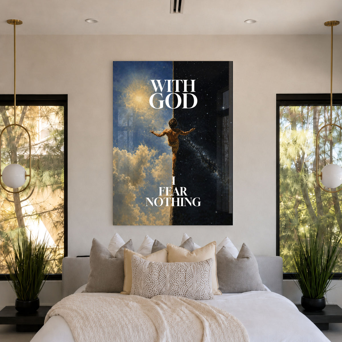 I Fear Nothing acrylic wall art above a bed