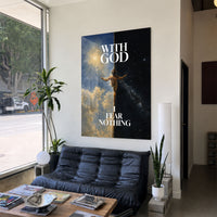 I Fear Nothing acrylic wall art above a black sofa