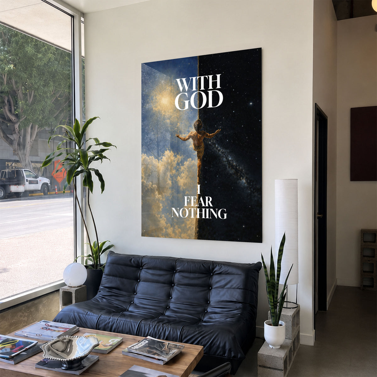 I Fear Nothing acrylic wall art above a black sofa