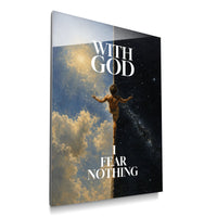 I Fear Nothing acrylic wall art individual product mockup with sunlit clouds, a starry sky, a central figure, and white lettering