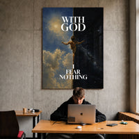 I Fear Nothing acrylic wall art above a workspace
